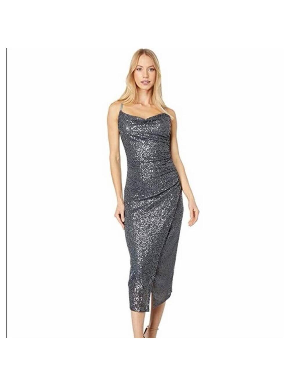 NWT Laundry Sequin Slip Midi Dress Cowl Neck 0 Gray party formal gala wedding